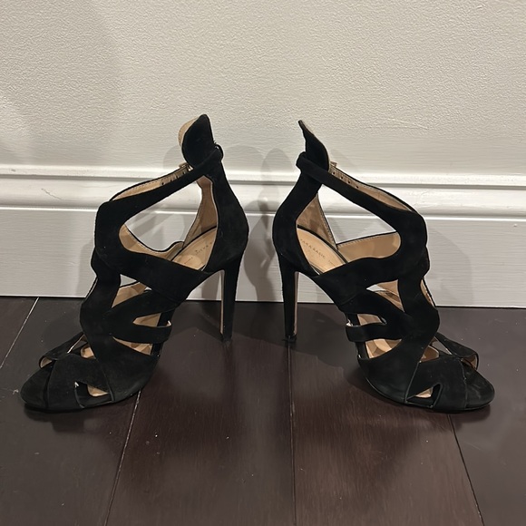 Zara Suede Black Open Toe Heels Size 7 - Picture 1 of 8